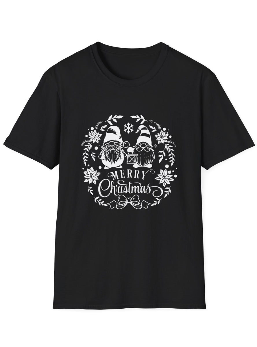 Adults Black Plus Size Christmas T-Shirt with Gnome Wreath Print