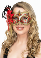 Deluxe Red and Gold Brocade Side Flower Masquerade Mask - main image
