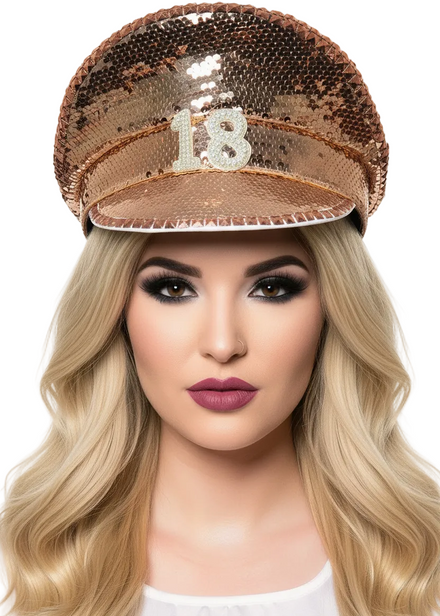 Rose Gold Sequinned 18th Birthday Festival Style Hat - Main Image