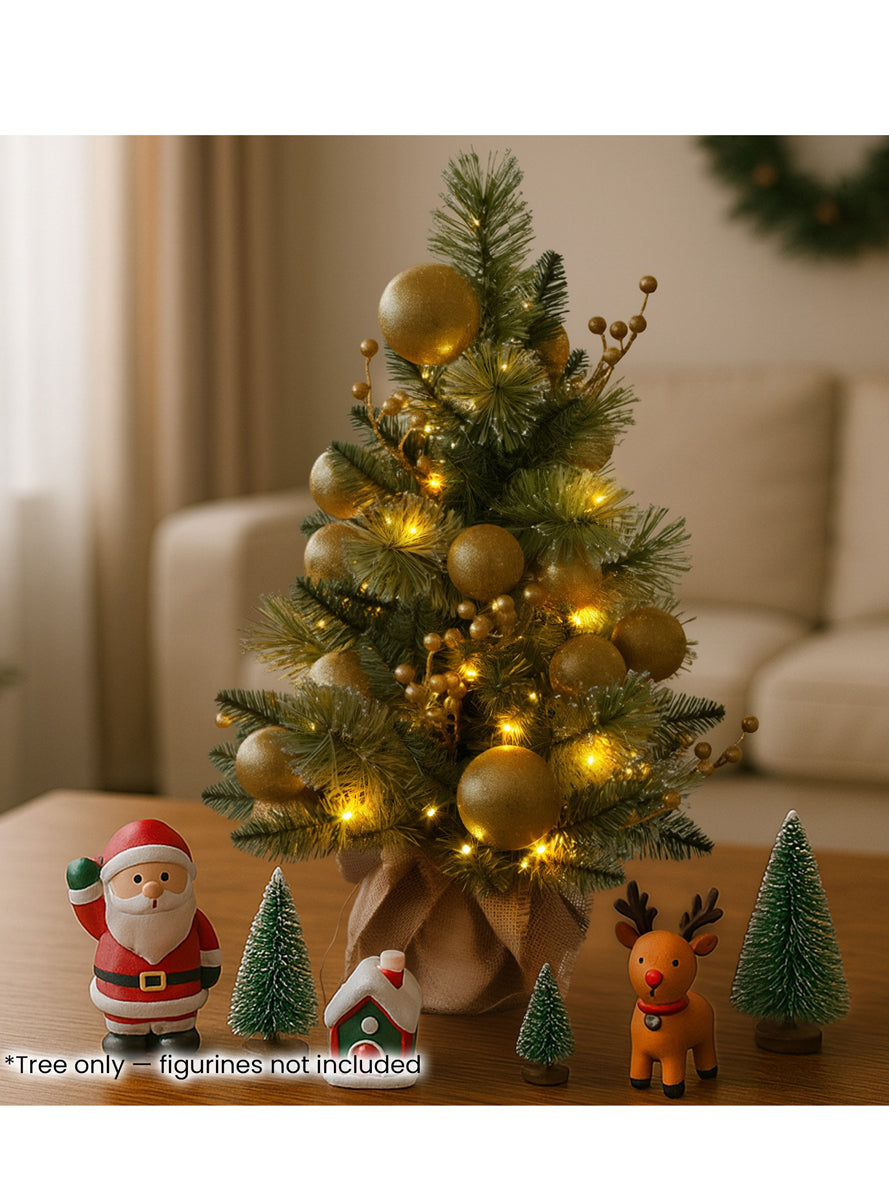 Gold Bauble Decorated Mini Tabletop Christmas Tree Decoration With Lights 61cm - Alternate Image 1