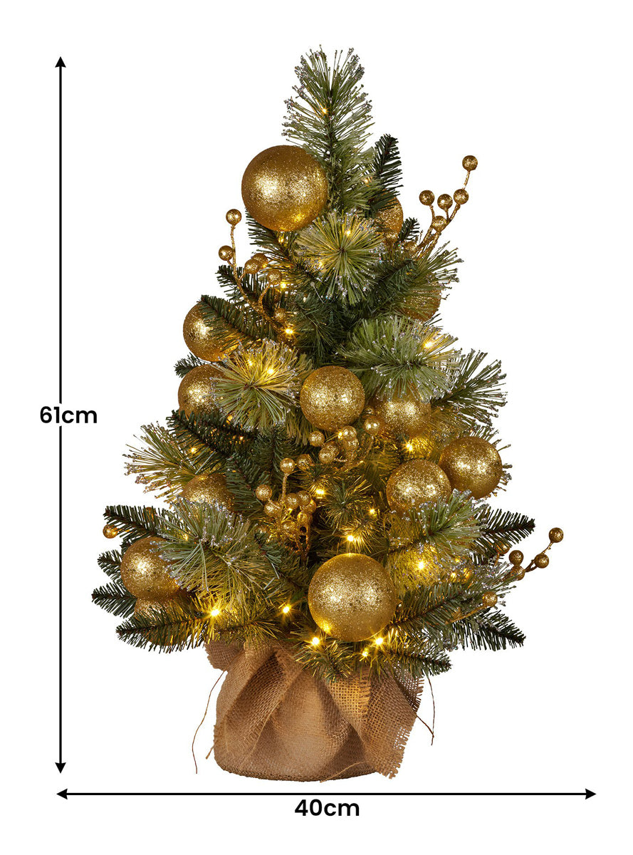 Gold Bauble Decorated Mini Tabletop Christmas Tree Decoration With Lights 61cm - Dimensions Image