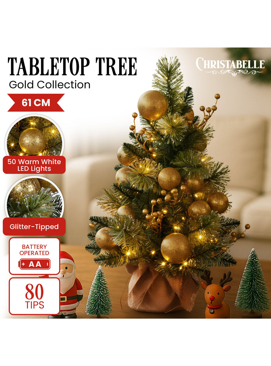Gold Bauble Decorated Mini Tabletop Christmas Tree Decoration With Lights 61cm - Info Image 1