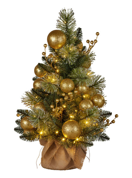 Gold Bauble Decorated Mini Tabletop Christmas Tree Decoration With Lights 61cm - Main Image