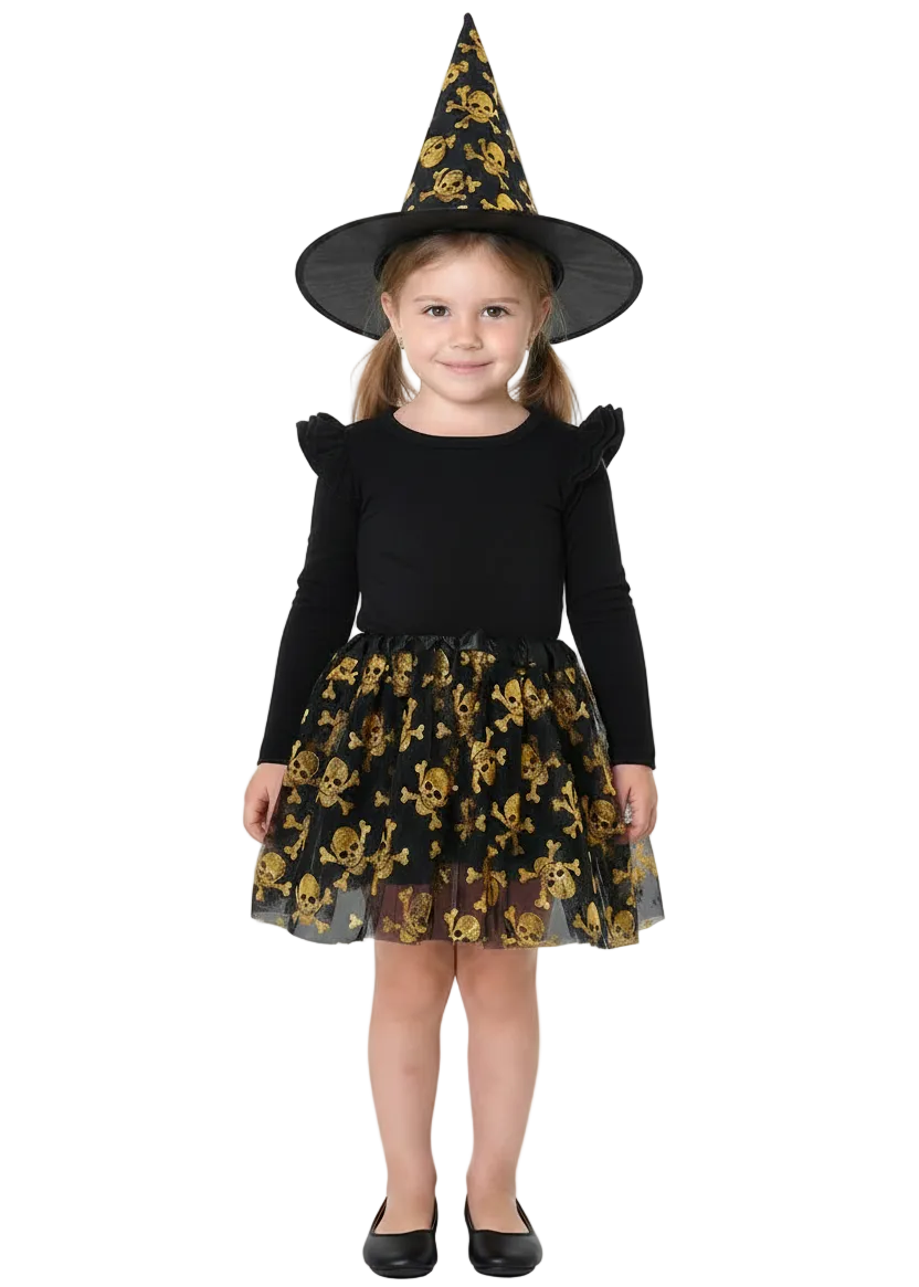 Gold and Black Skulls Mesh Tutu Pettiocat and Mini Witch Hat on Headband Toddler Costume Set - Main Image