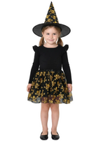 Gold and Black Skulls Mesh Tutu Pettiocat and Mini Witch Hat on Headband Toddler Costume Set - Main Image