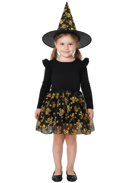 Gold and Black Skulls Mesh Tutu Pettiocat and Mini Witch Hat on Headband Toddler Costume Set - Main Image