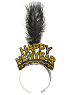 Image of Glittery Gold Happy New Year Party Headband with Feather - Main Image