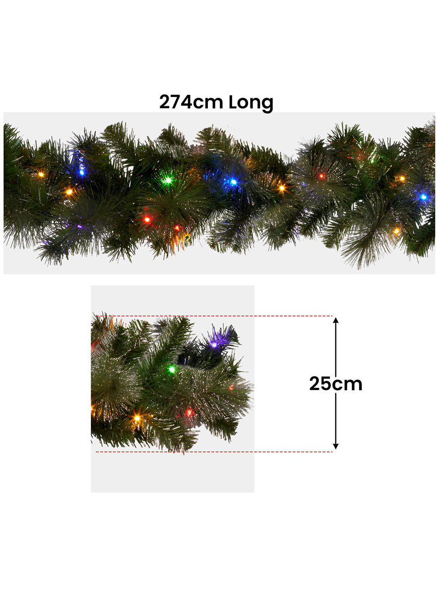 Gold Glittered Christmas Garland Decoration With Lights 270cm - Dimensions Image