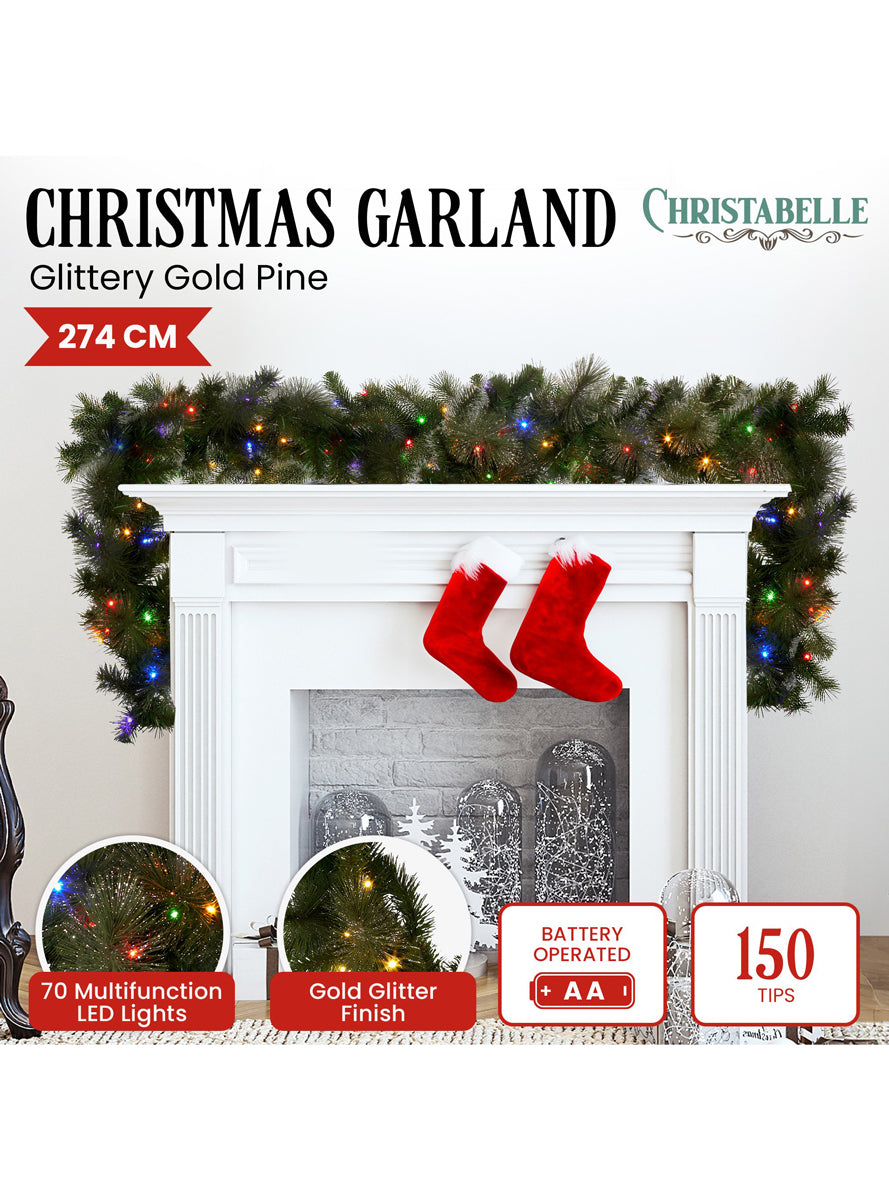 Gold Glittered Christmas Garland Decoration With Lights 270cm - Info Image 1