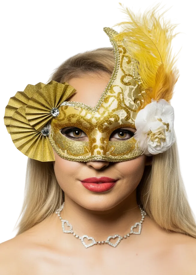 Gold Glitter Fan Womens Masquerade Mask with Yellow Feathers - Main Image