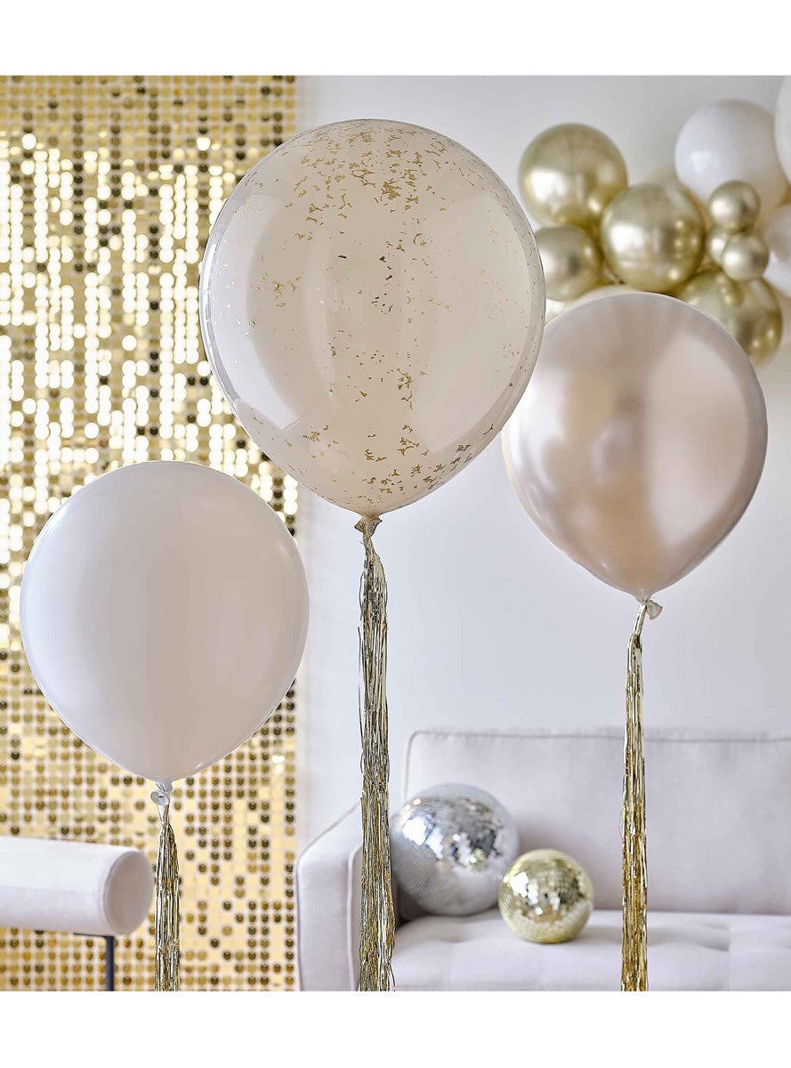 Gold Party 3 Piece Latex Balloon Bundle with Tails – Lifestyle Image