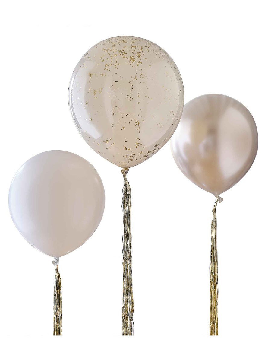 Gold Party 3 Piece Latex Balloon Bundle with Tails – Main Image
