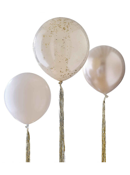 Gold Party 3 Piece Latex Balloon Bundle with Tails – Main Image