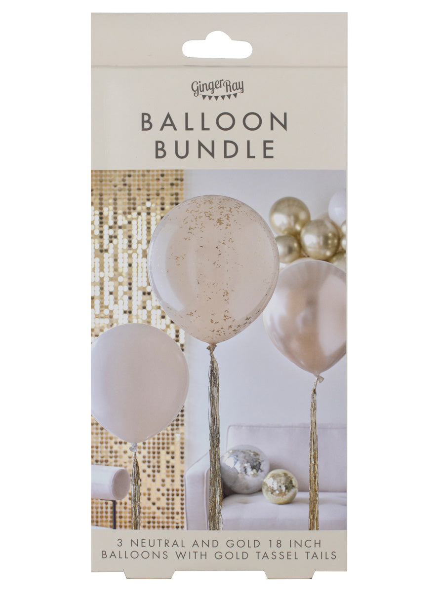 Gold Party 3 Piece Latex Balloon Bundle with Tails – Packaging Image