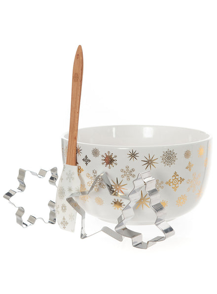 Gold Snowflake Print Mini Mix Bowl Christmas Set With Cookie Cutters - Main Image