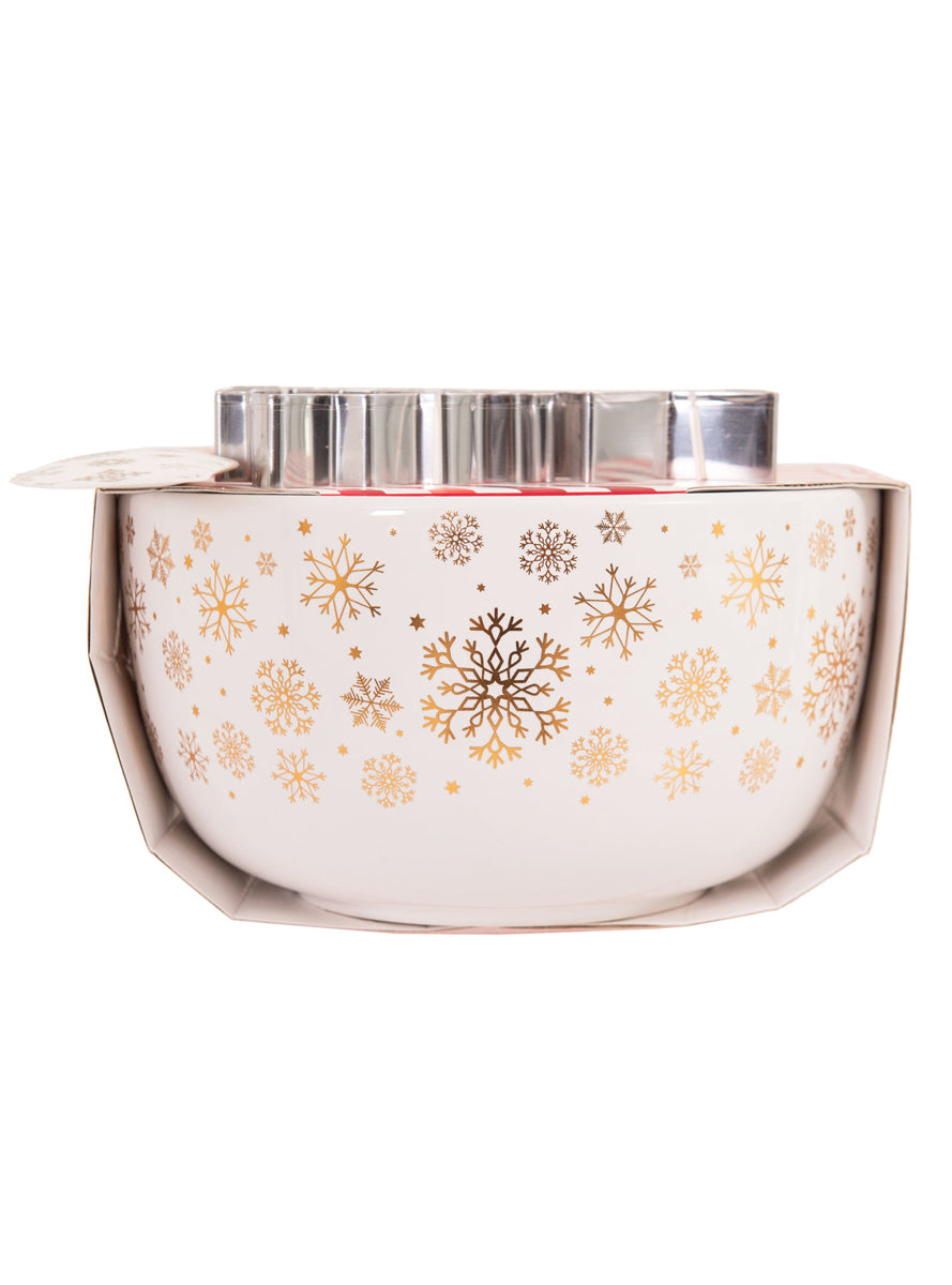 Gold Snowflake Print Mini Mix Bowl Christmas Set With Cookie Cutters - Alternate Image 2