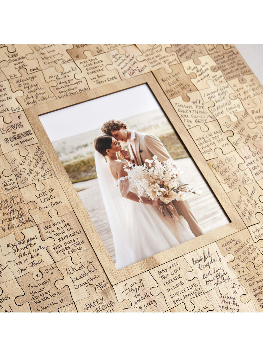 Gold Wedding Wooden Jigsaw Guest Book with Display Box - Close Image