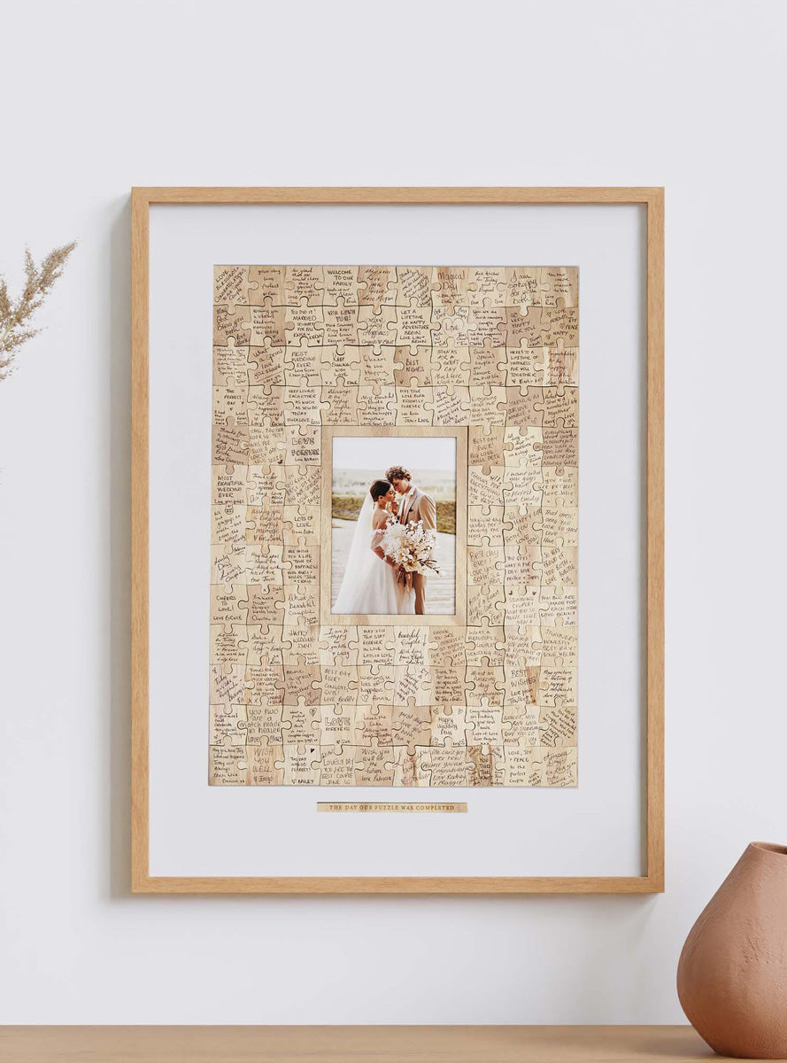 Gold Wedding Wooden Jigsaw Guest Book with Display Box - Lifestyle Image 2