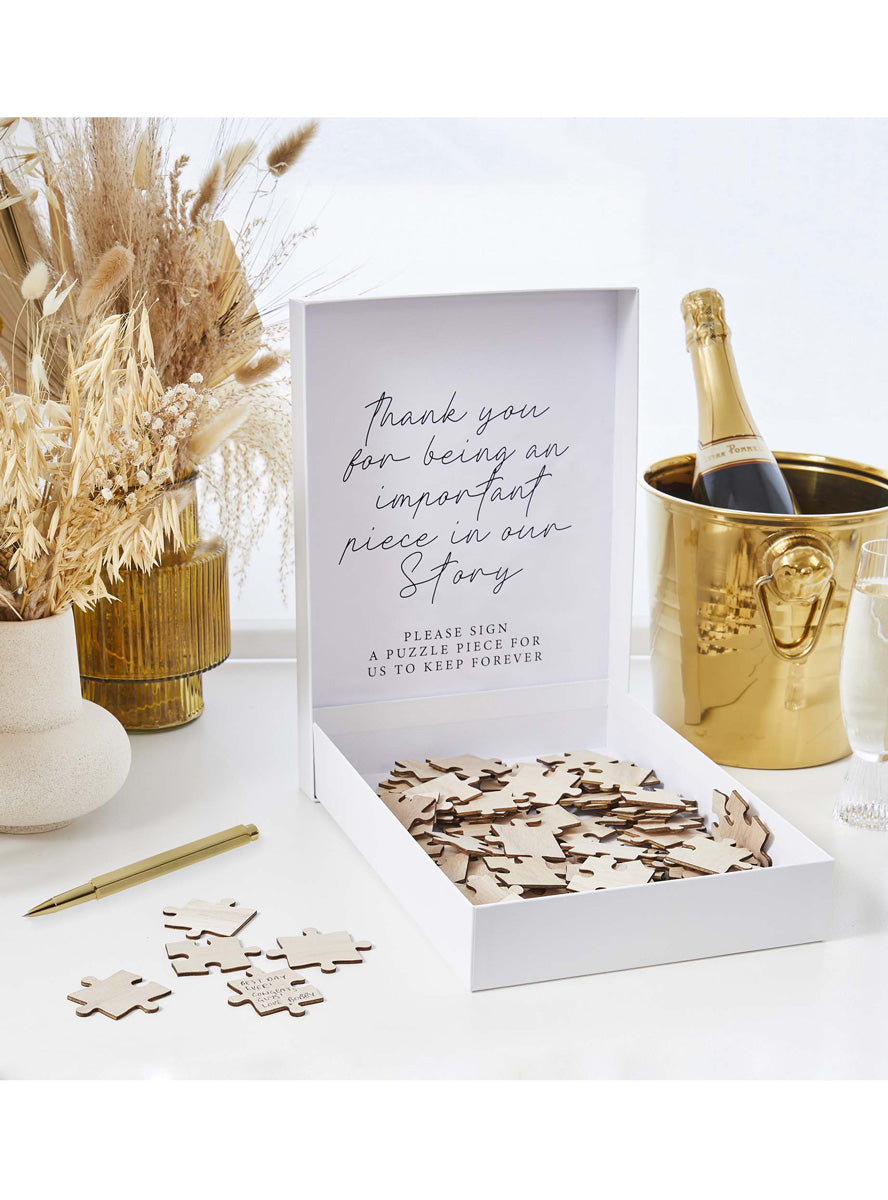 Gold Wedding Wooden Jigsaw Guest Book with Display Box - Lifestyle Image
