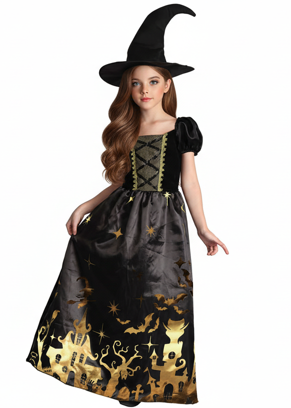 Image of Haunted House Witch Girl's Black and Gold Costume - main image