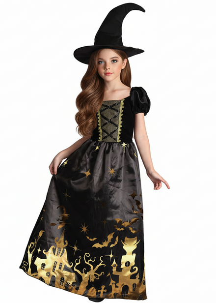 Image of Haunted House Witch Girl's Black and Gold Costume - main image