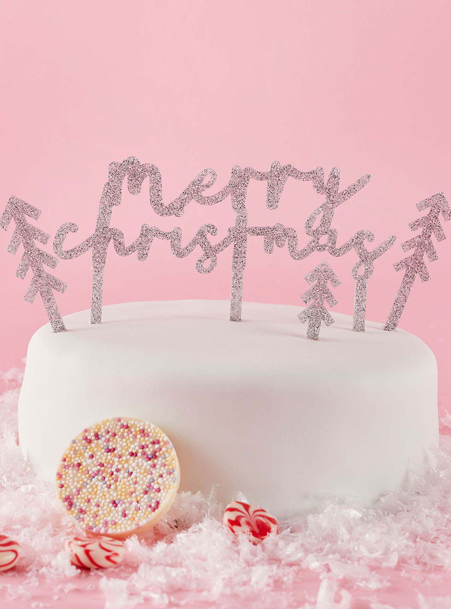 Silver Merry Christmas Glitter Cake Topper - Lifestyle Image