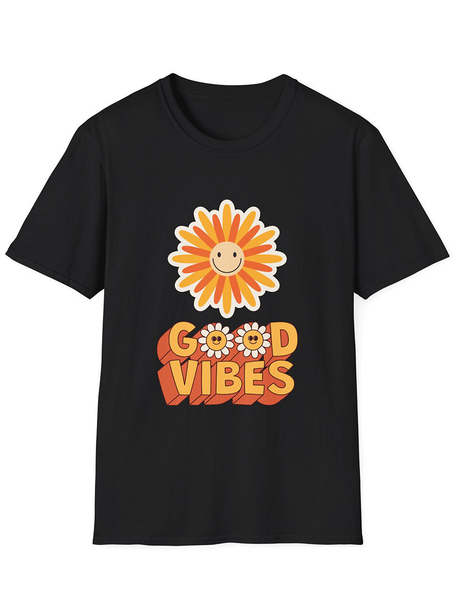 Womens 70s Good Vibes Black Hippie Shirt