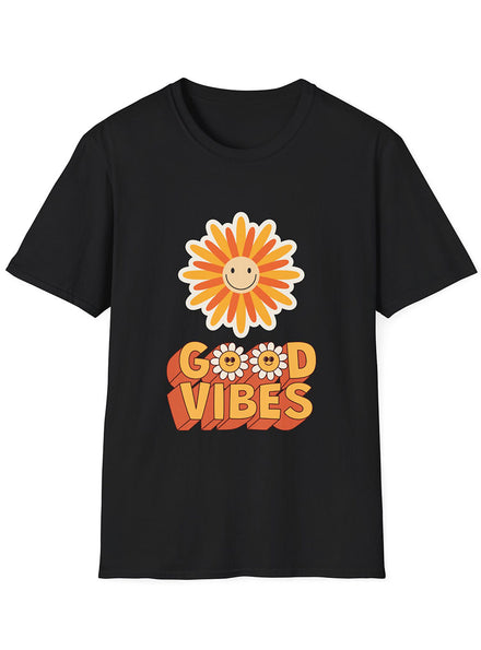 Womens 70s Good Vibes Black Hippie Shirt