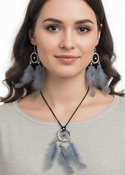Grey Feather Dream Catcher Jewellery Set - main image