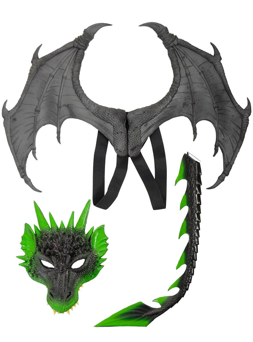 Deluxe Black and Green Dragon Wings Mask and Tail Kit - Main Image