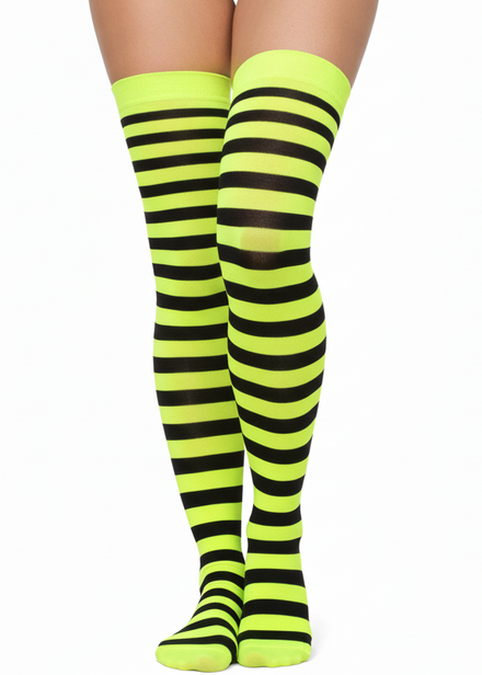 Green and Black Striped Womens Thigh High Costume Stockings - Main Image