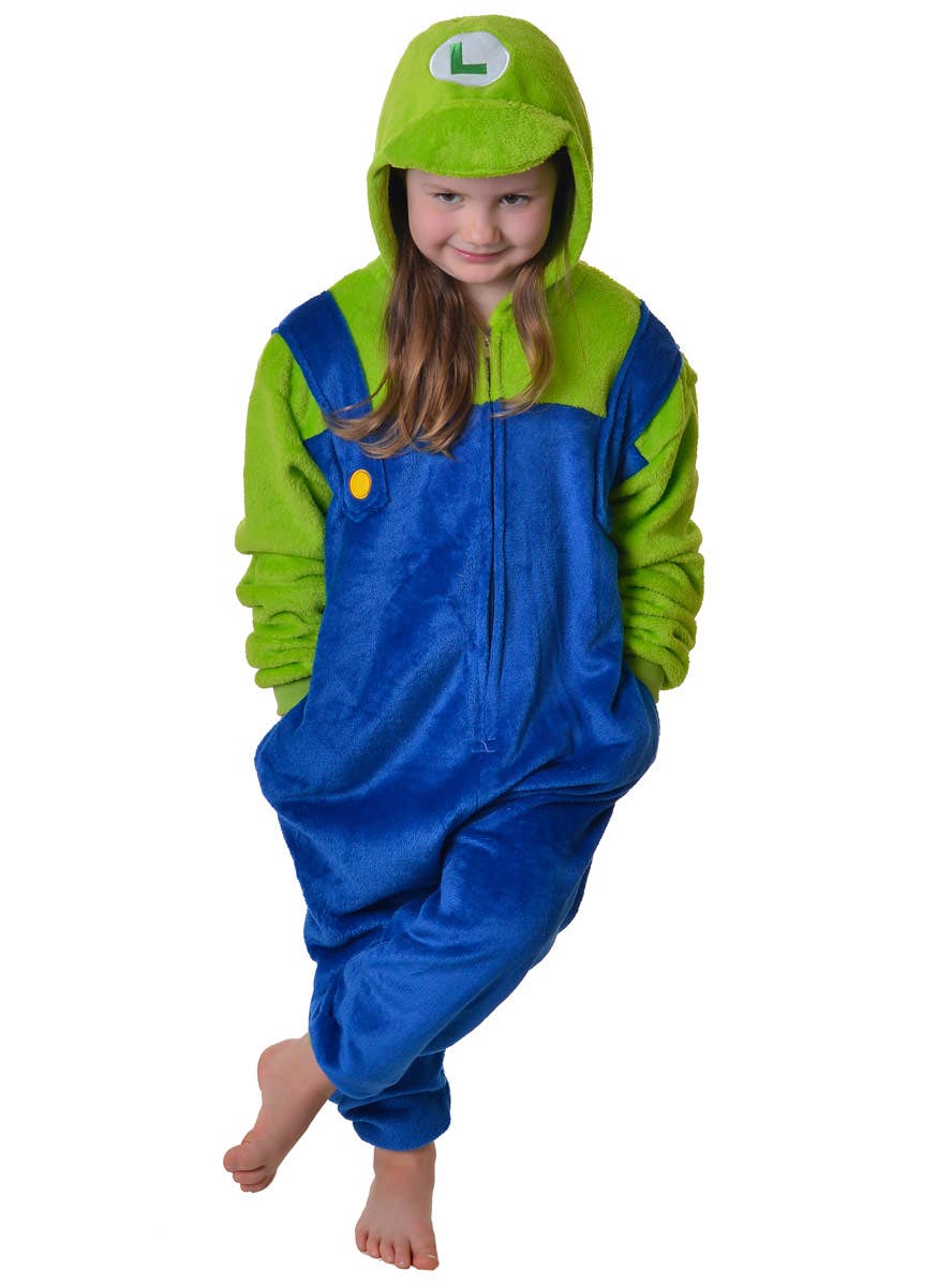 Kid's Luigi Super Mario Gaming Costume Onesie - Front Image