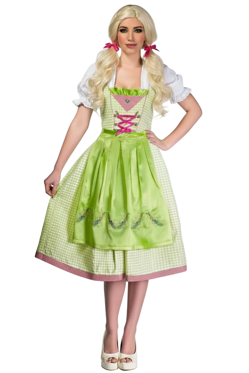 Green and White Checkered Women's Long Oktoberfest Costume - Main Image