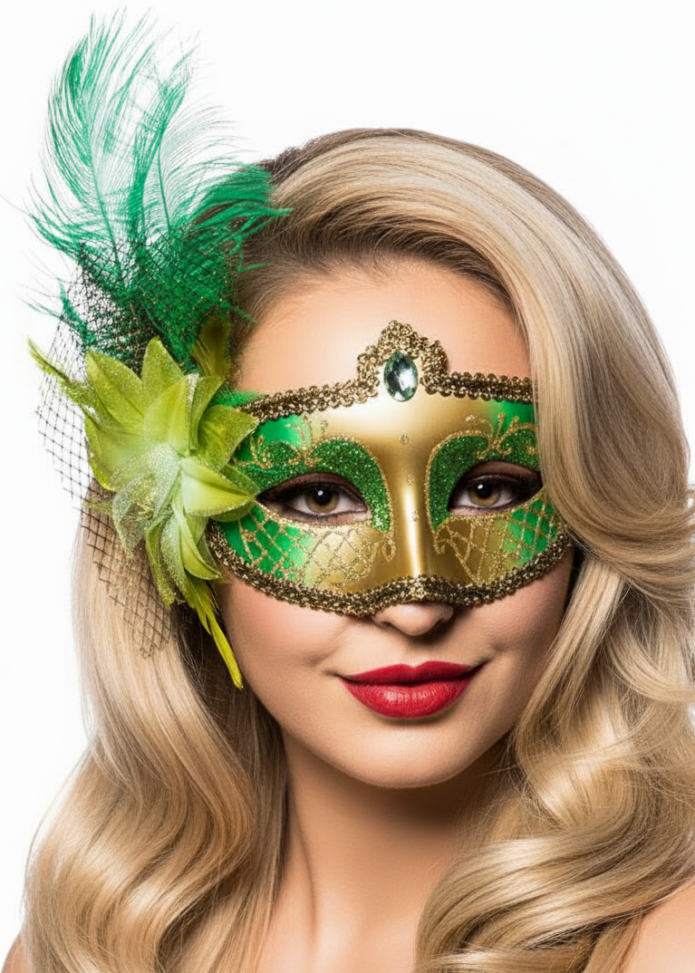 Womens Green Victorian Masquerade Mask with a Flower and Feathers - Main Image