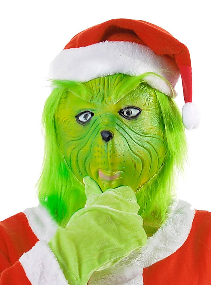 Image of Deluxe Full Head Green Grinch Christmas Costume Mask - With Hat Image