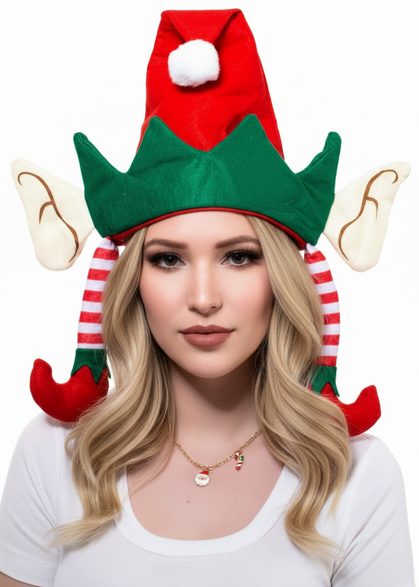 Novelty Red and Green Elf Hat with Ears and Legs - Main Image