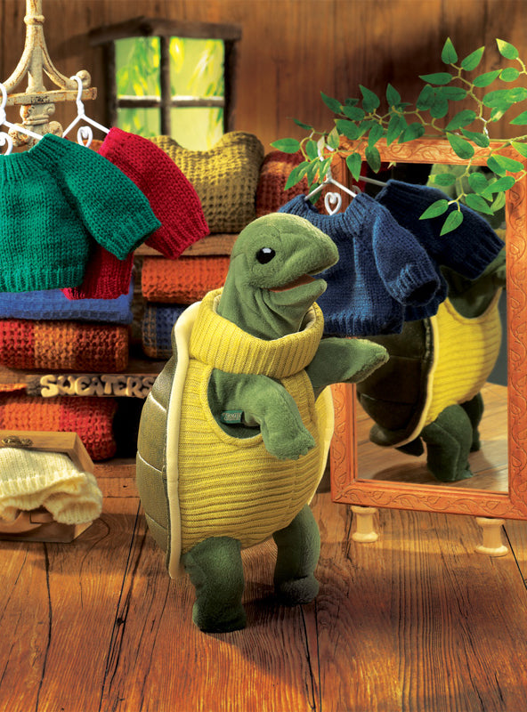 Green Turtle Puppet Wearing Turtleneck - Lifestyle Image