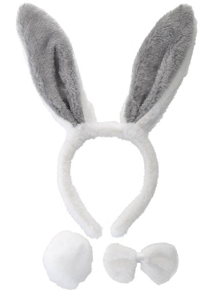 Furry Grey and White Easter Bunny 3 Piece  Costume Accessory Set