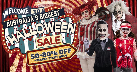 Mobile home page banner for a Halloween sale, with large text reading 'Welcome to Australia's Biggest Halloween Sale' and '50-80% Off'.