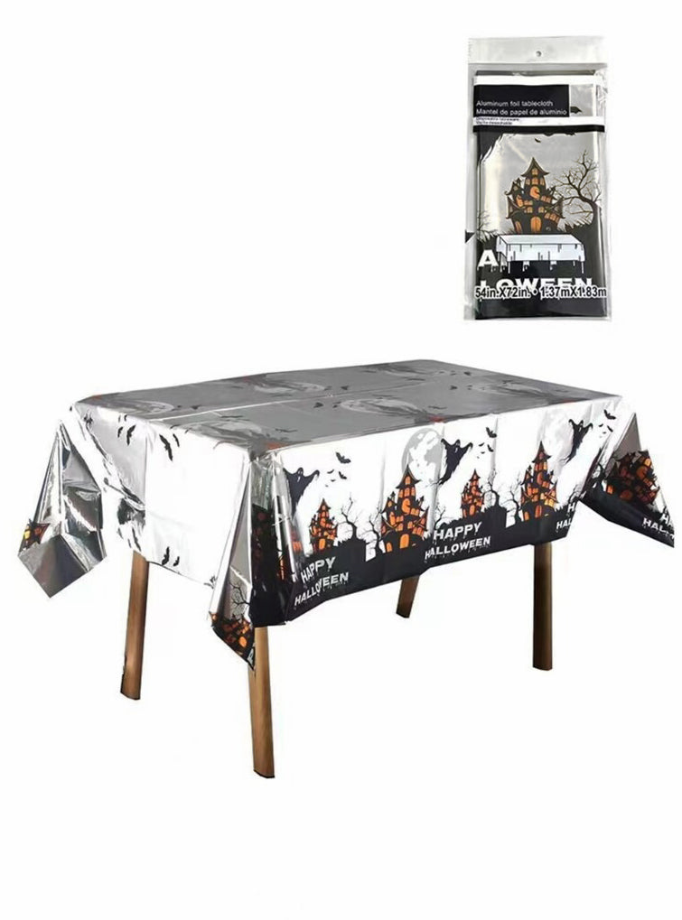 Silver Happy Halloween Print Party Table Cover - Main Image
