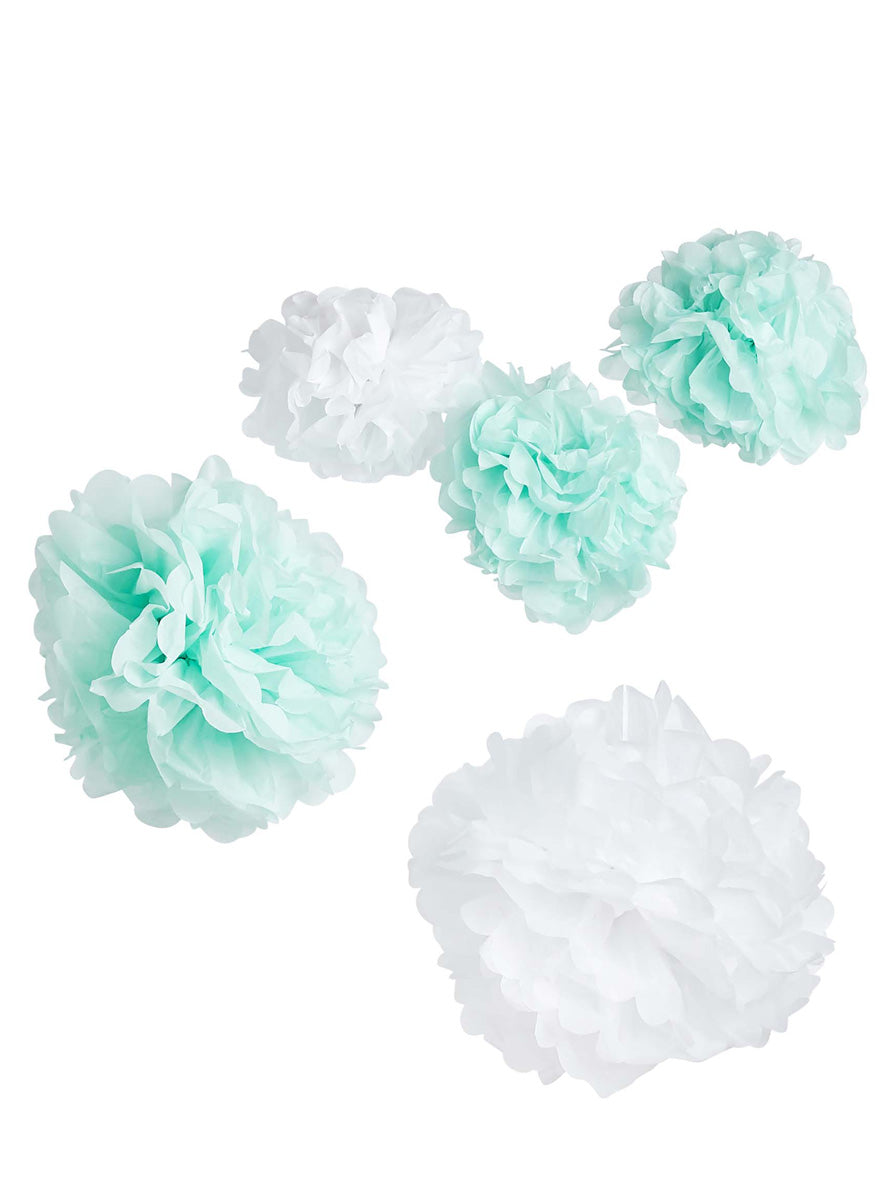 Hanging Pom Poms 5 Pack Green and White Decorations - Main Image