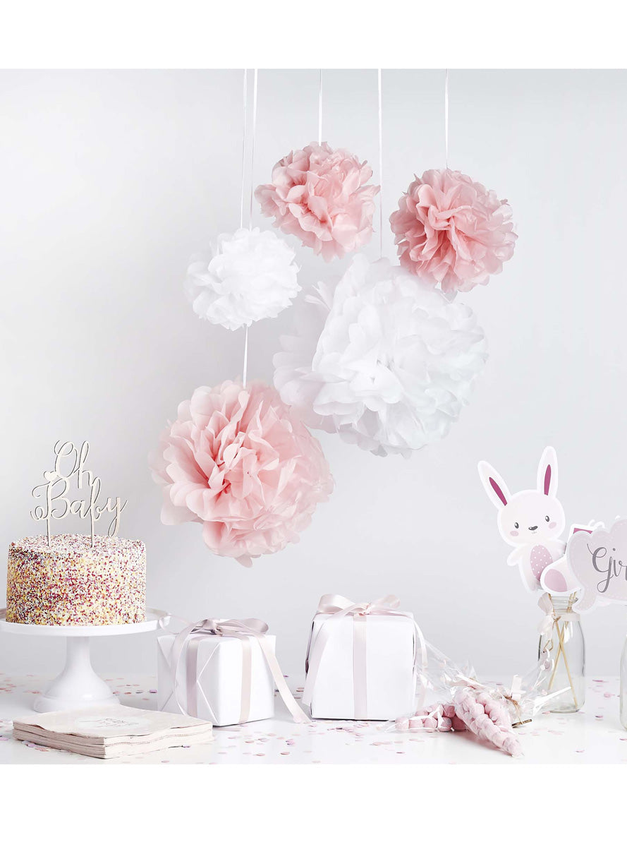 Hanging Pom Poms 5 Pack Pink and White Decorations - Lifestyle Image
