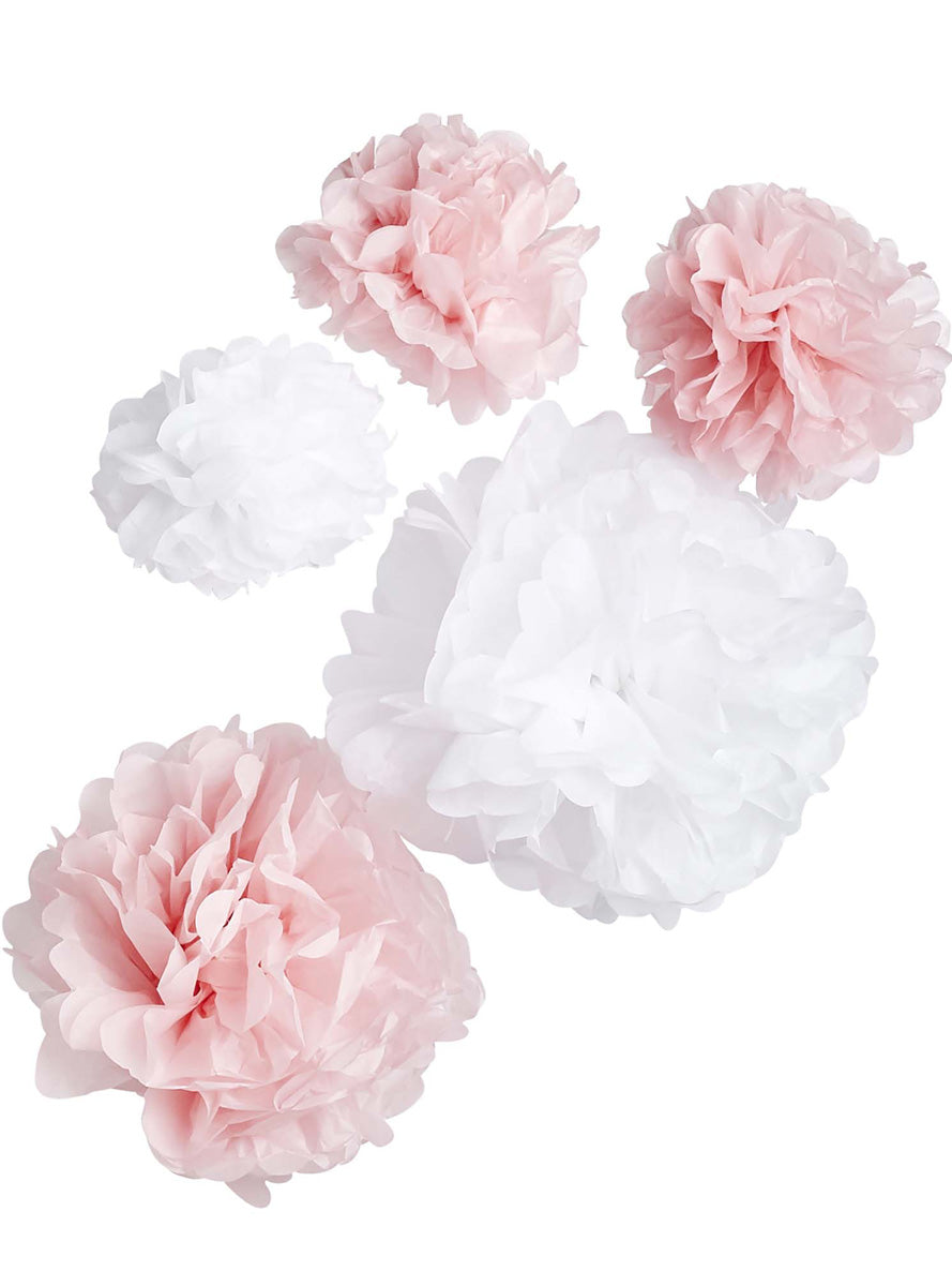 Hanging Pom Poms 5 Pack Pink and White Decorations - Main Image