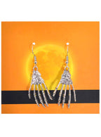 Image of Hanging Silver Skeleton Hands Halloween Costume Earrings