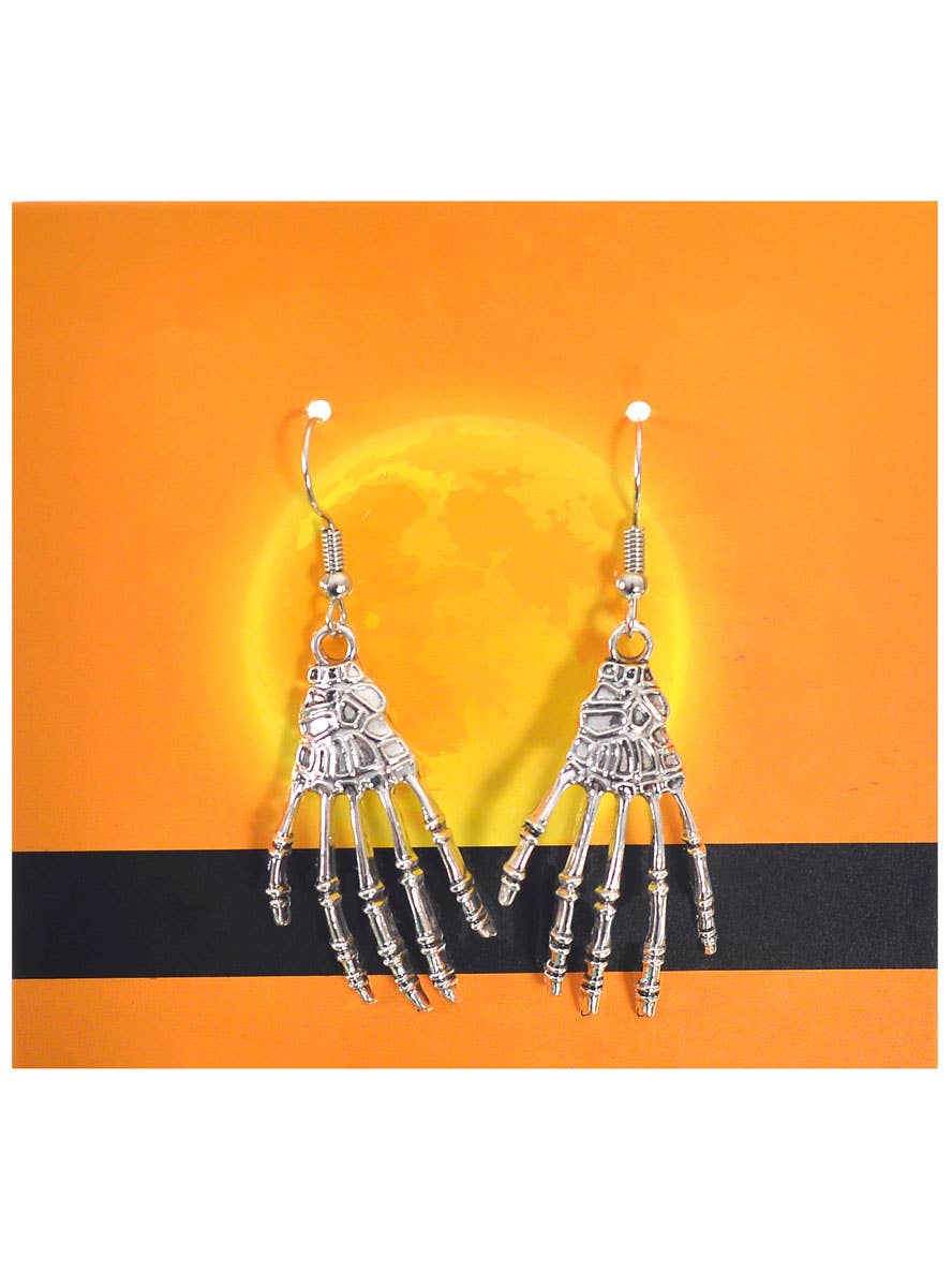 Image of Hanging Silver Skeleton Hands Halloween Costume Earrings