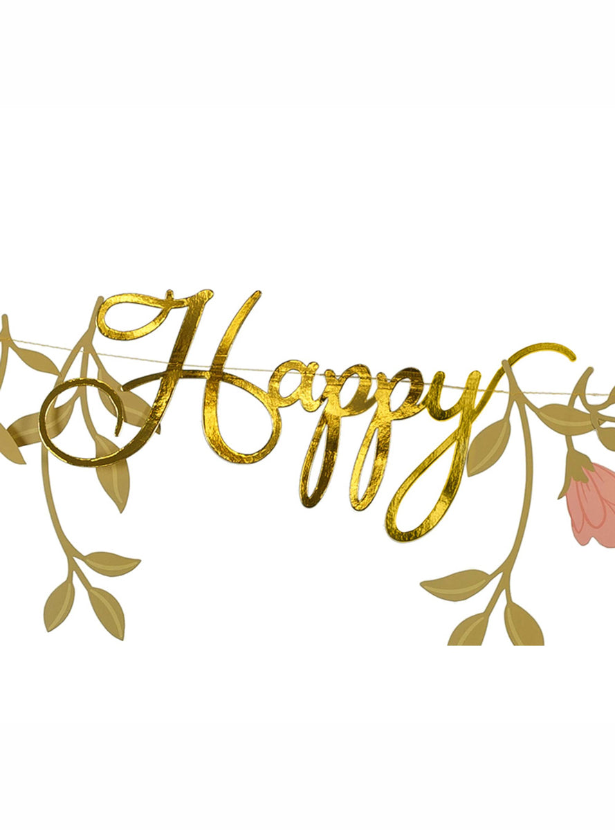 Happy Birthday 130cm Long Pink and Gold Floral Party Banner - Close Image
