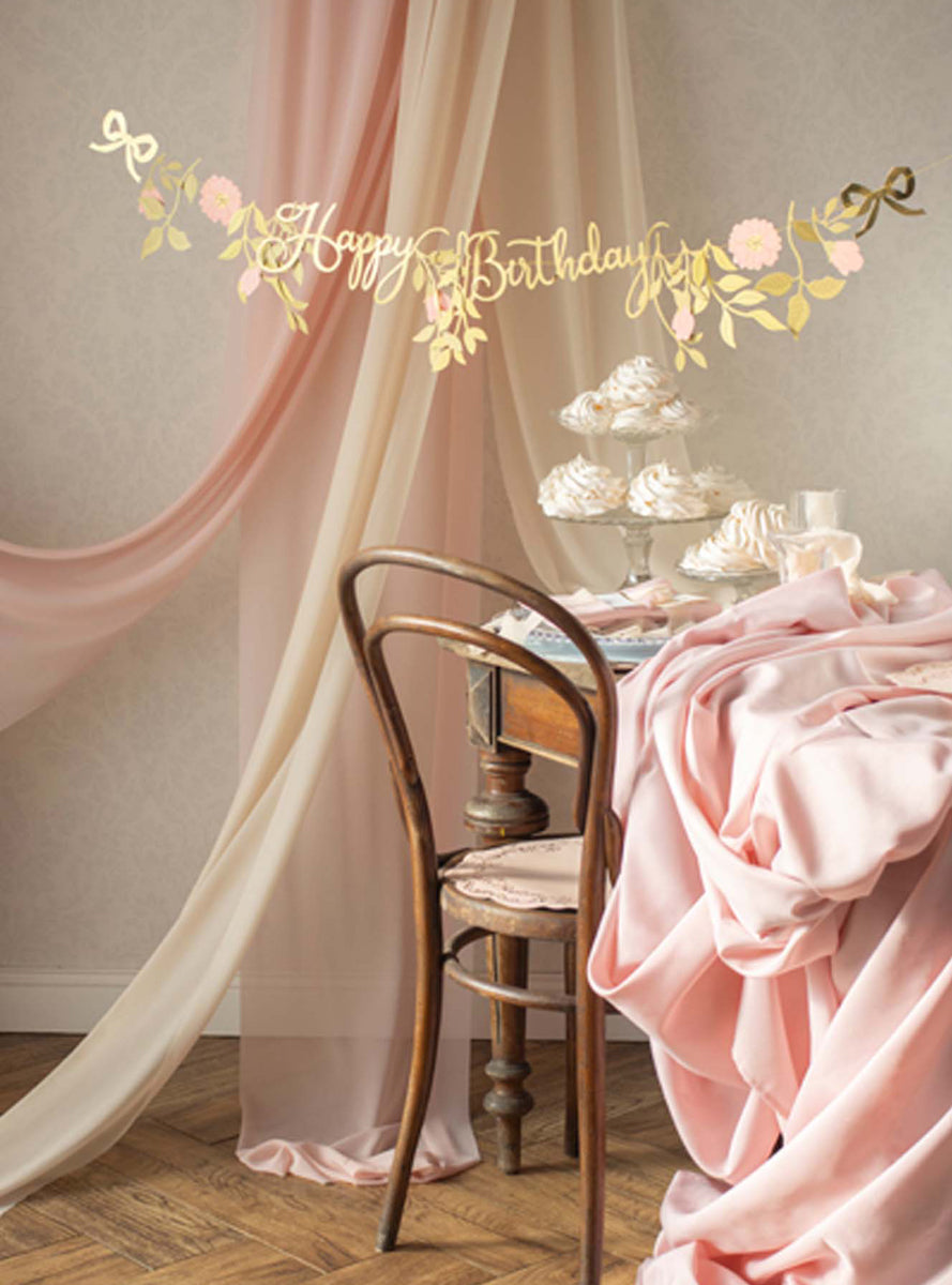 Happy Birthday 130cm Long Pink and Gold Floral Party Banner - Lifestyle Image 1