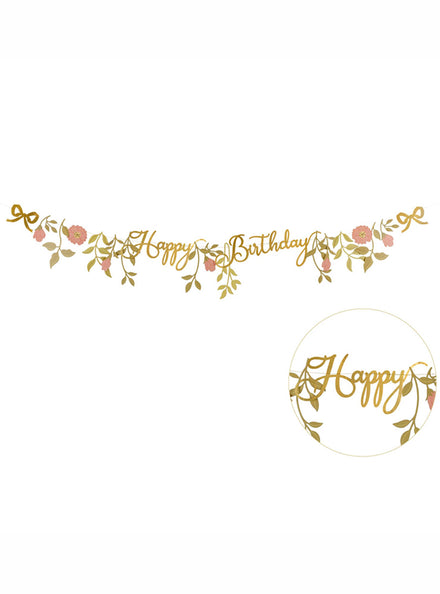 Happy Birthday 130cm Long Pink and Gold Floral Party Banner - Main Image