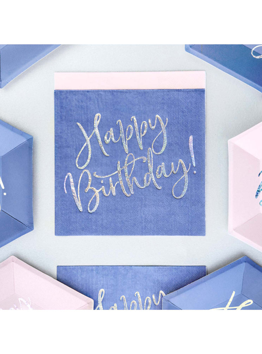 Happy Birthday 20 Pack Blue Holographic Lunch Napkins - Lifestyle Image