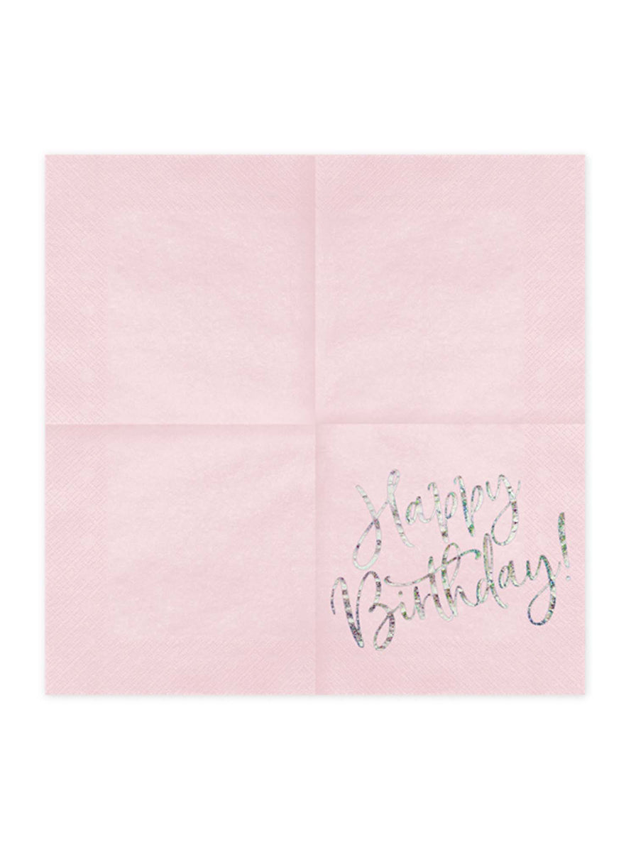 Happy Birthday 20 Pack Pink and Silver Lunch Napkins - Unfolded Image
